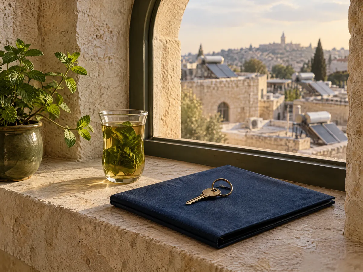 מפתח על אדן חלון מאבן ירושלמית, וגגות העיר ברקע