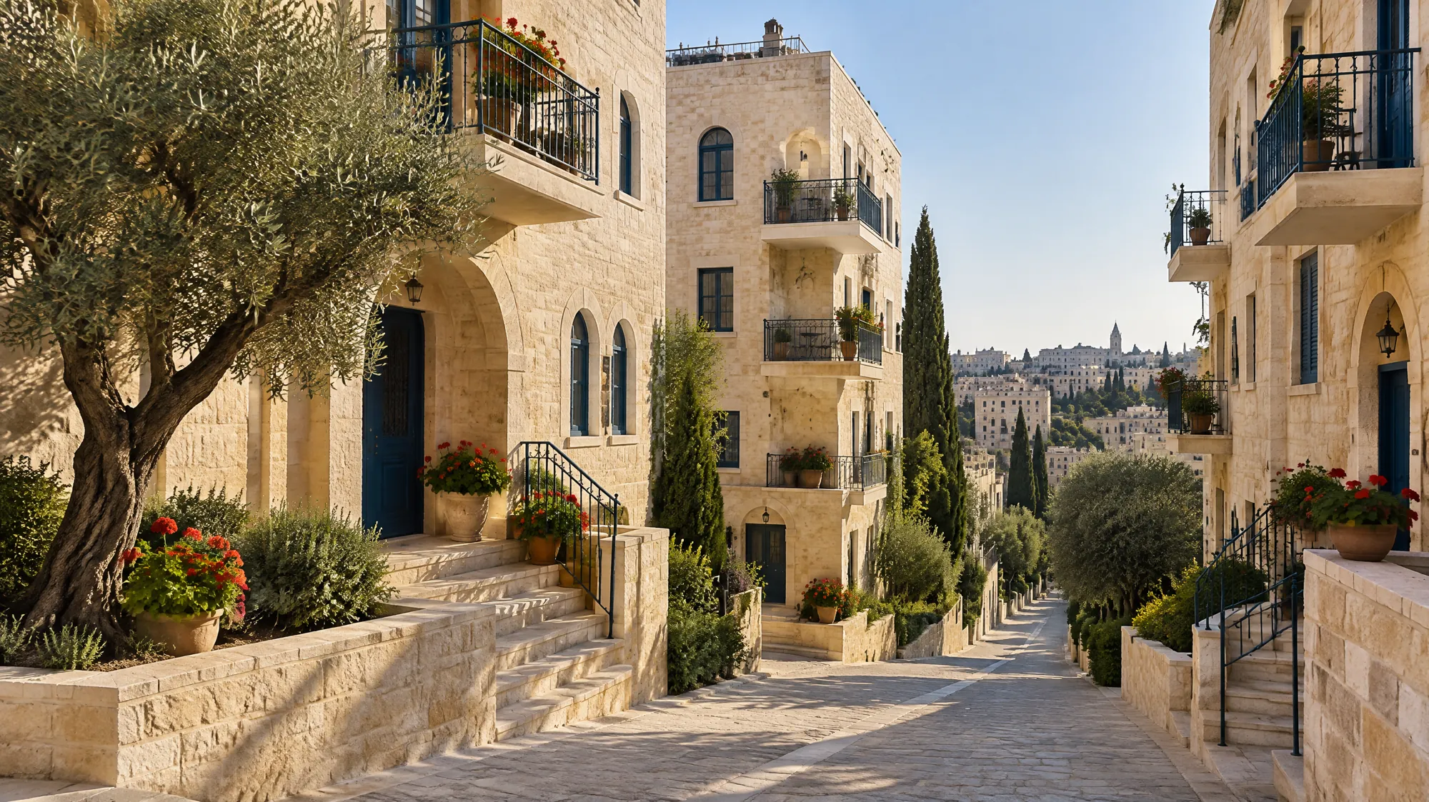 סמטה בירושלים עם בתים מאבן ירושלמית וכניסות מקושתות